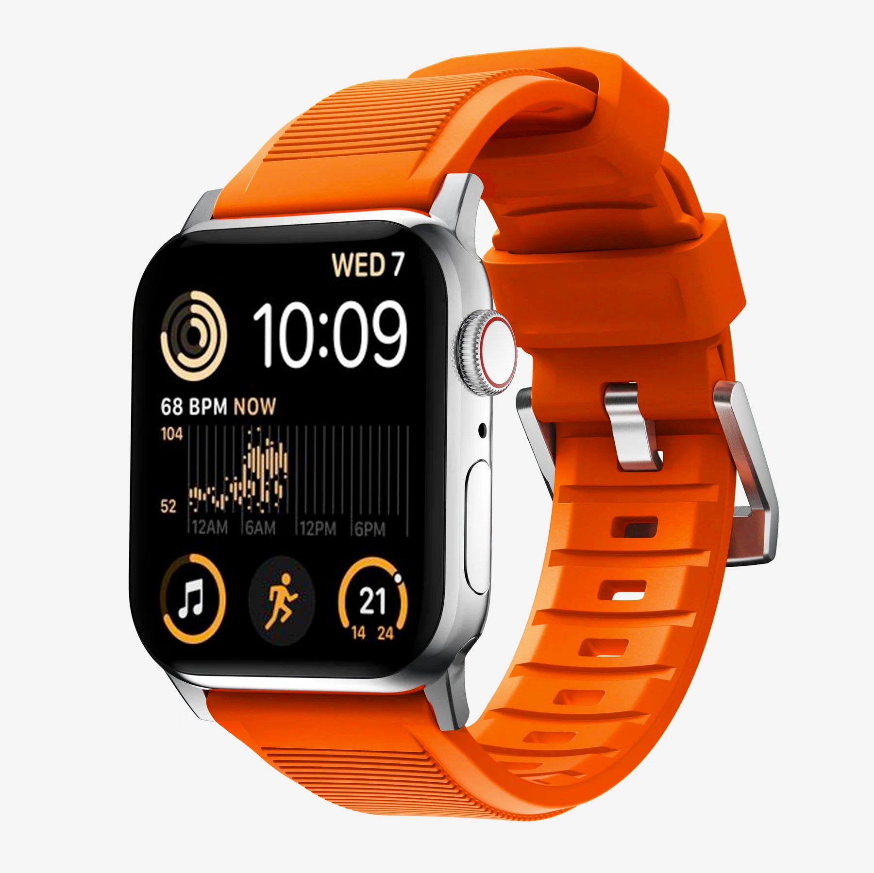 New orange silicon with metal connectors, pin and buckle watch strap with compression grooves designed for apple watch series 9 45mm and ultra 2