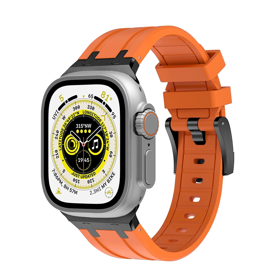 Premium Orange colour rubber with black metal connectors and buckles for Apple Watch Series 9 45mm and Ultra 2 49mm