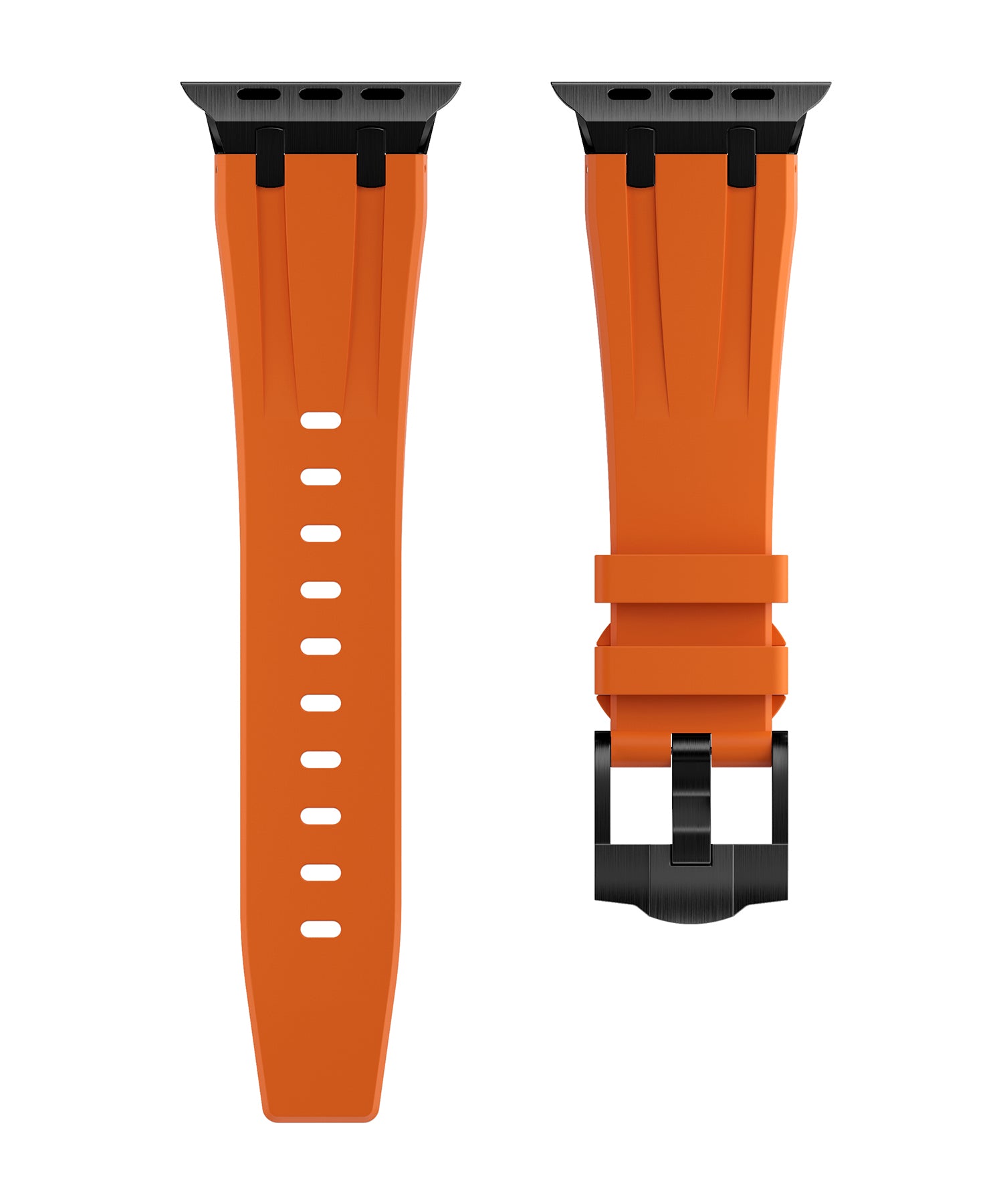 Premium Orange colour rubber with black stainless steel metal connectors and buckles for Apple Watch Series 9 45mm and Ultra 2 49mm