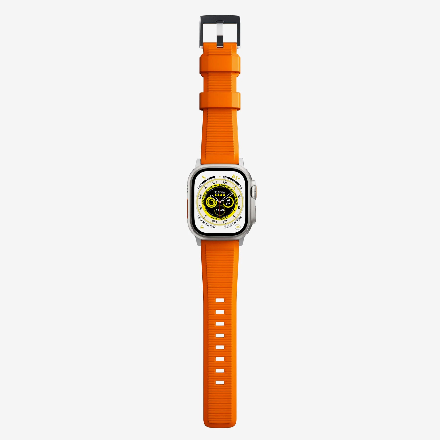 New orange silicon with metal connectors, pin and buckle watch strap with compression grooves designed for apple watch series 9 45mm and ultra 2 front view