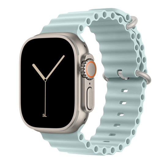 A pale blue colour watch strap band made from silicone  with two metal buckles on an Apple watch series 10 42mm/ 45mm/ 46mm and ultra 2 designed for the ocean and active sports