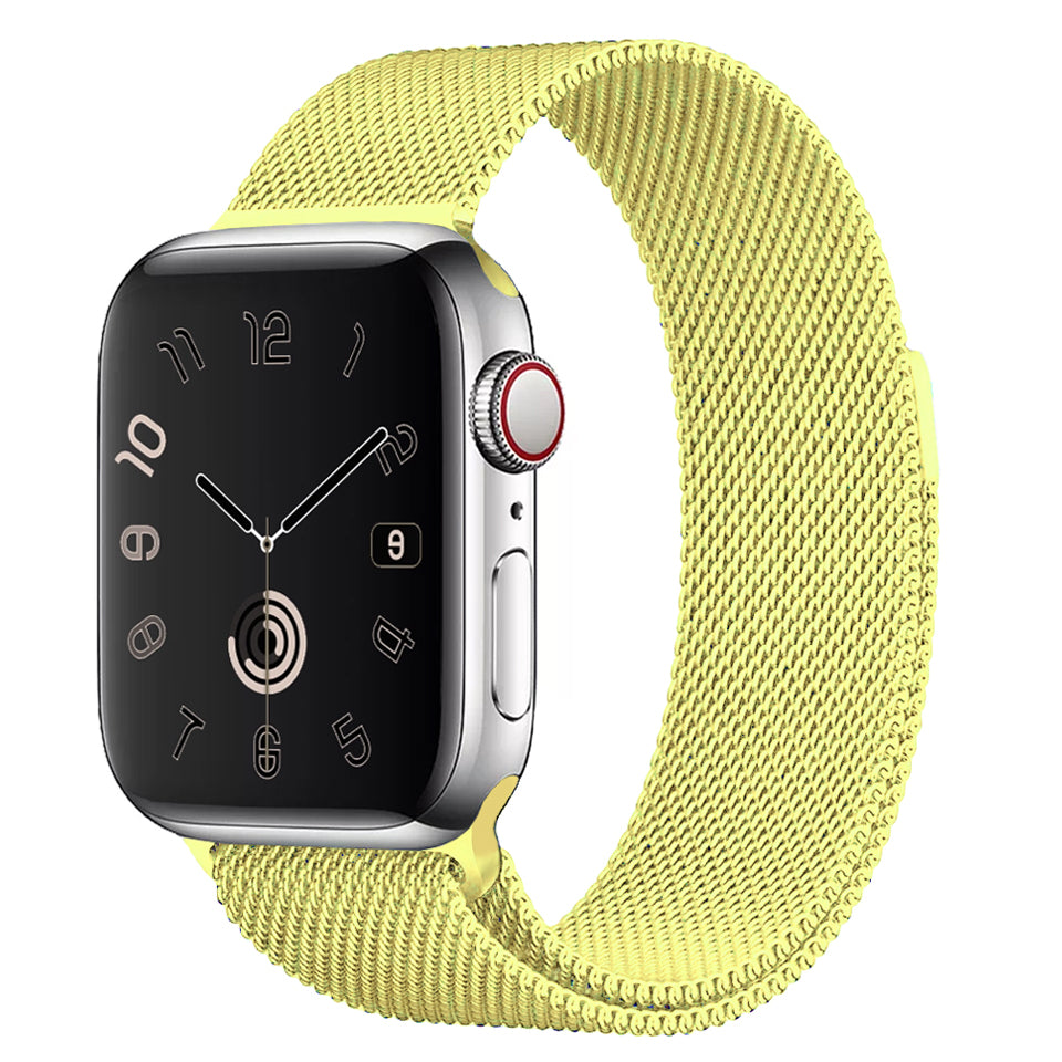 A yellow pastel colour stainless steel Milanese loop watch strap for the latest apple watch series 41mm and 45mm