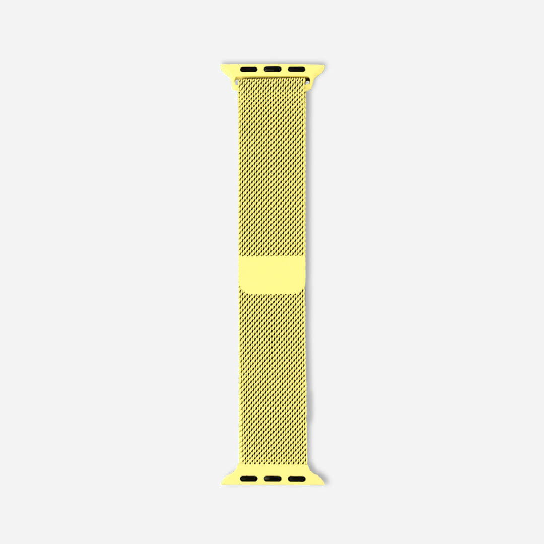 A yellow pastel colour stainless steel Milanese loop watch strap for the latest apple watch series 41mm and 45mm