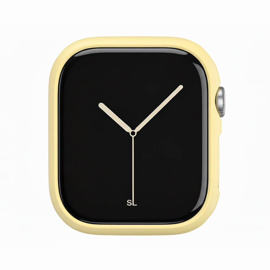 pastel yellow Colour made from polycarbonate material protector with a strong built in tempered glass screen to protect your apple watch series 11 42mm and 46mm from damage displayed on a tilted angle
