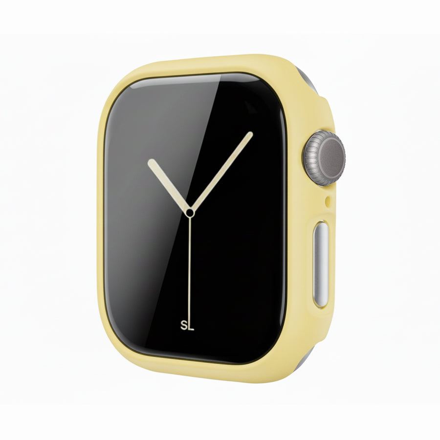 pastel yellow Colour made from polycarbonate material protector with a strong built in tempered glass screen to protect your apple watch series 11 42mm and 46mm from damage displayed on a tilted angle