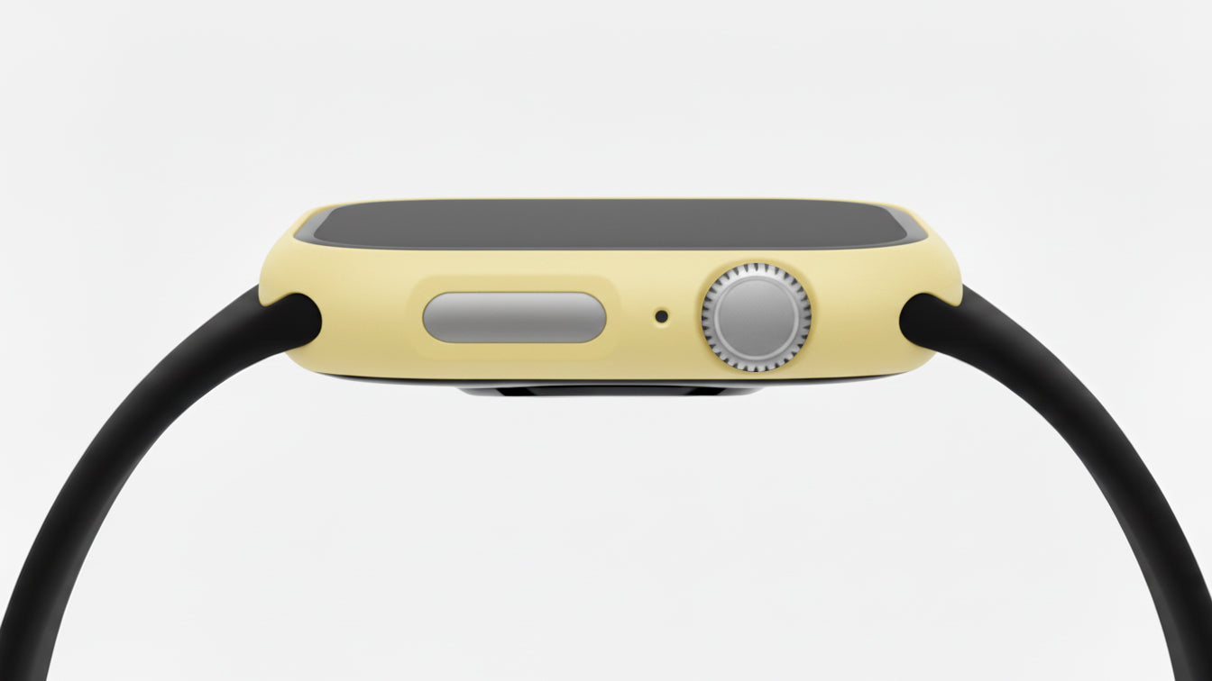 pastel yellow Colour made from polycarbonate material protector with a strong built in tempered glass screen to protect your apple watch series 11 42mm and 46mm from damage displayed on a tilted angle
