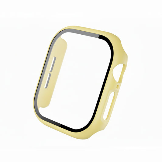 pastel yellow Colour made from polycarbonate material protector with a strong built in tempered glass screen to protect your apple watch series 11 42mm and 46mm from damage displayed on a tilted angle