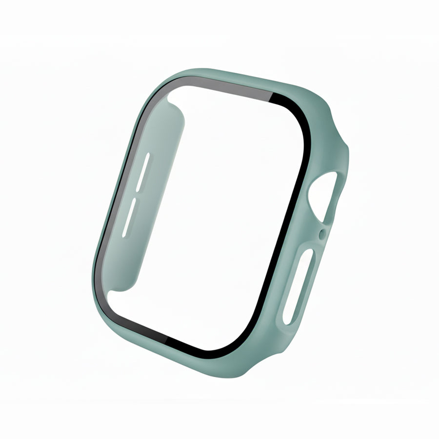 pine green Colour made from polycarbonate material protector with a strong built in tempered glass screen to protect your apple watch series 11 42mm and 46mm from damage displayed on a tilted angle