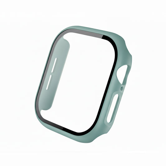 pine green Colour made from polycarbonate material protector with a strong built in tempered glass screen to protect your apple watch series 11 42mm and 46mm from damage displayed on a tilted angle