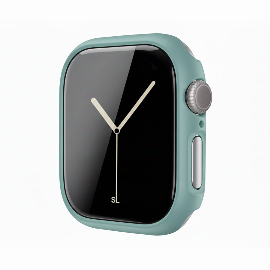 pine green Colour made from polycarbonate material protector with a strong built in tempered glass screen to protect your apple watch series 11 42mm and 46mm from damage displayed on a tilted angle