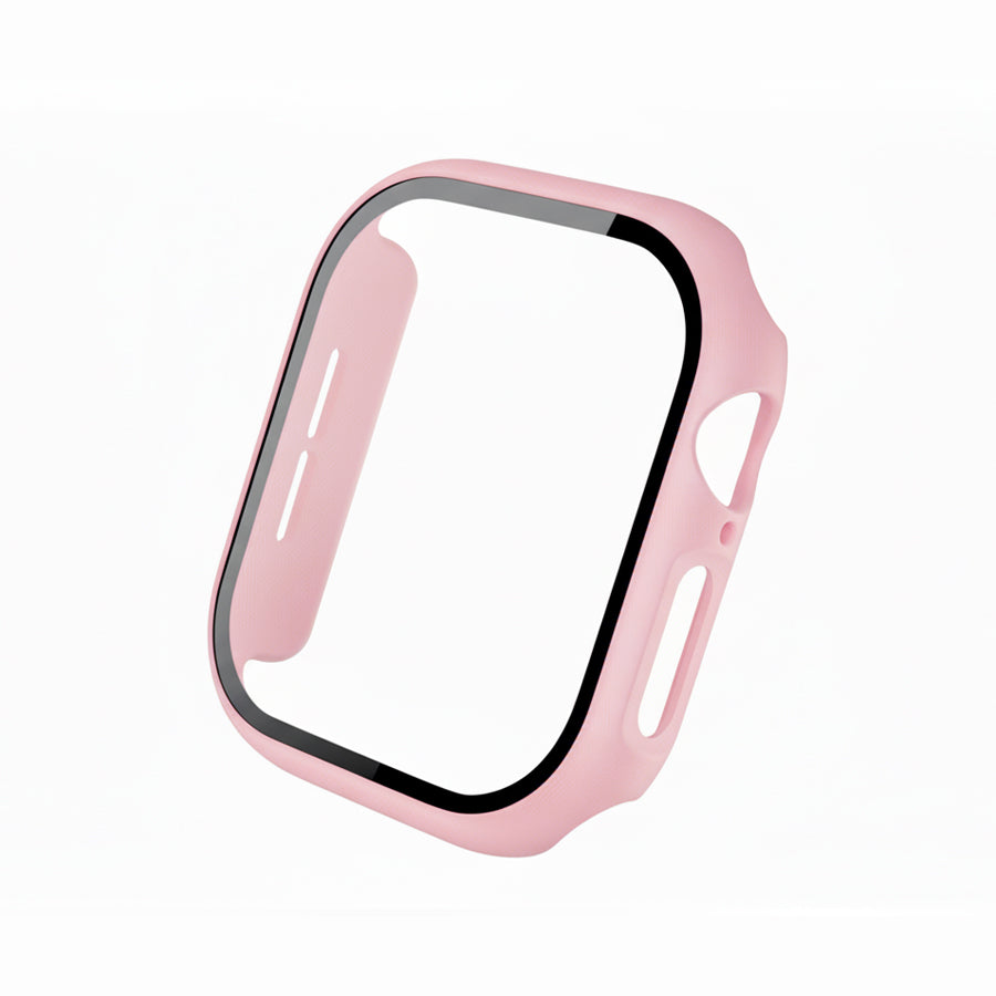 Pink Colour made from polycarbonate material protector with a strong built in tempered glass screen to protect your apple watch series 11 42mm and 46mm from damage displayed on a tilted angle