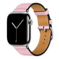 A handmade pink with white stitching genuine leather single tour watch strap on an apple watch series 11 42mm and 45mm and 46mm.