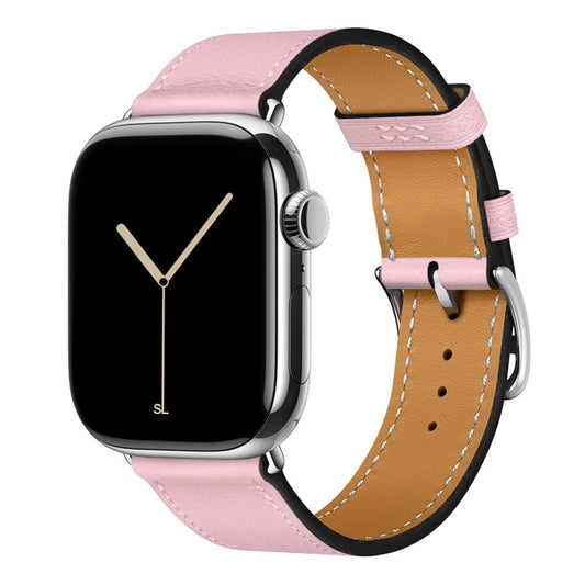 A handmade pink with white stitching genuine leather single tour watch strap on an apple watch series 11 42mm and 45mm and 46mm.