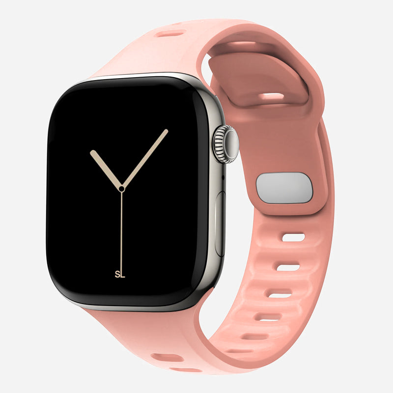 A pink sand colour premium silicone watch strap developed for apple watch series 11 size 42mm 46mm and apple watch ultra 3, designed for active sports activities with interior groves for breathability