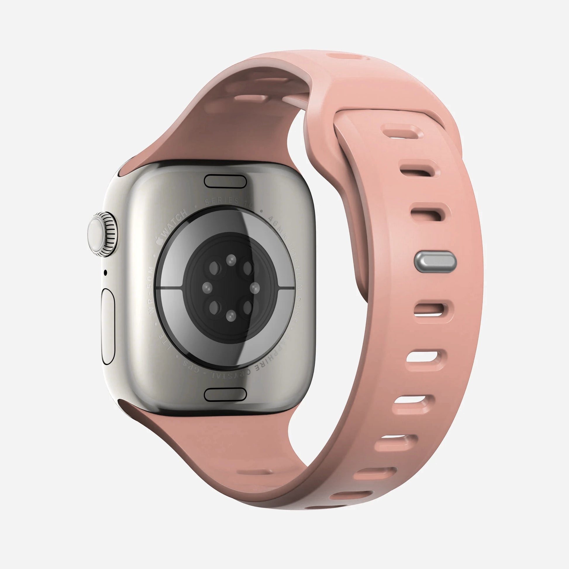 A pink sand colour premium silicone watch strap developed for apple watch series 11 size 42mm 46mm and apple watch ultra 3, designed for active sports activities with interior groves for breathability