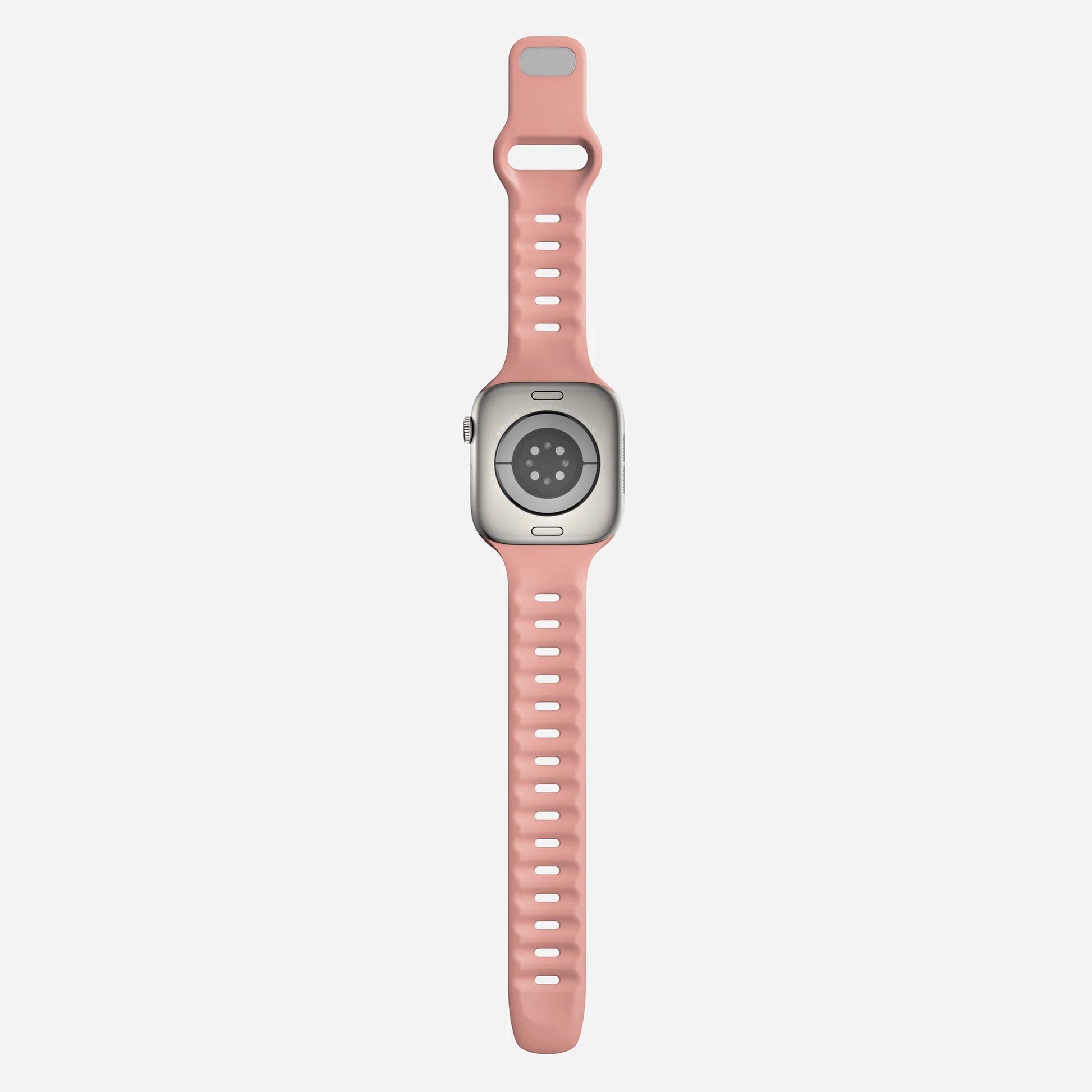 A pink sand colour premium silicone watch strap developed for apple watch series 11 size 42mm 46mm and apple watch ultra 3, designed for active sports activities with interior groves for breathability