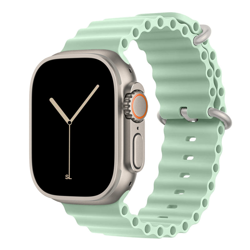 A pistachio green colour watch strap band made from silicone  with two metal buckles on an Apple watch series 10 42mm/ 45mm/ 46mm and ultra 2 designed for the ocean and active sports
