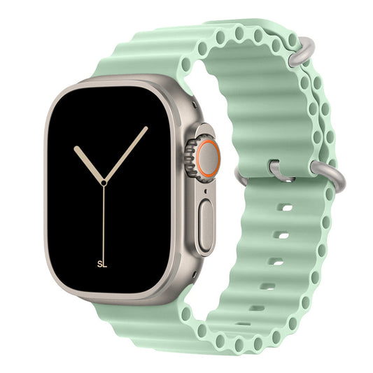 A pistachio green colour watch strap band made from silicone  with two metal buckles on an Apple watch series 10 42mm/ 45mm/ 46mm and ultra 2 designed for the ocean and active sports