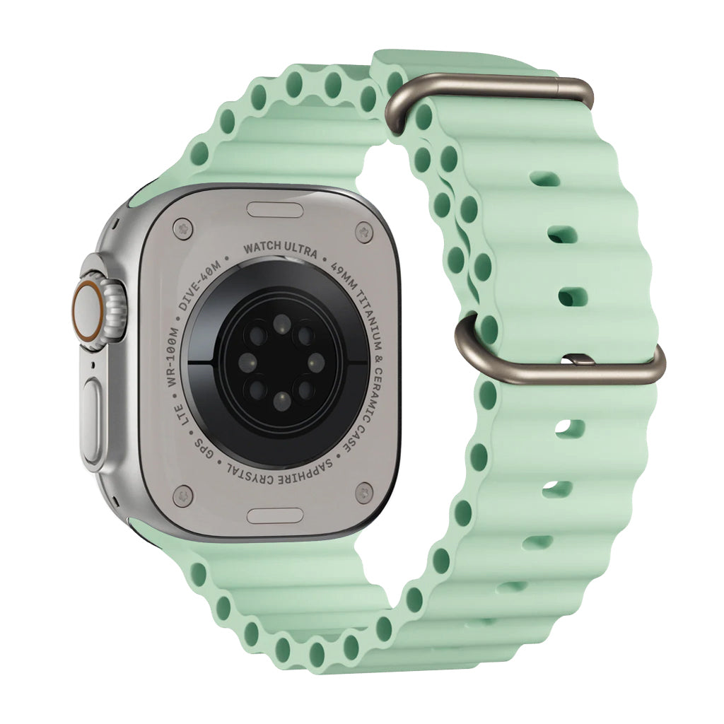 A pistachio green colour watch strap band made from silicone  with two metal buckles on an Apple watch series 10 42mm/ 45mm/ 46mm and ultra 2 designed for the ocean and active sports