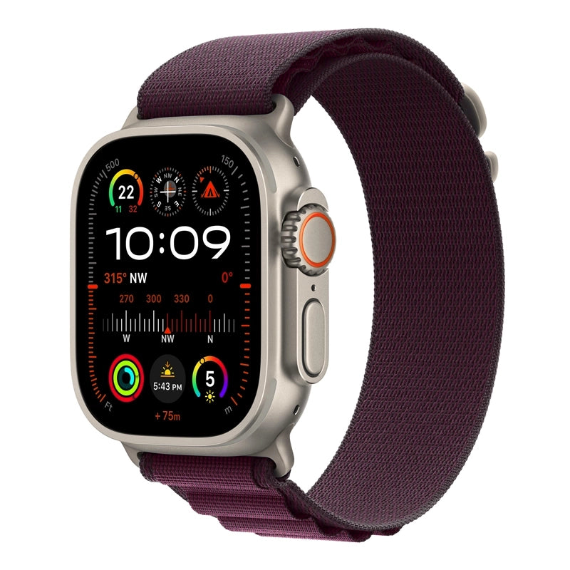 A plum colour premium nylon watch strap band designed for adventurers and explorers that wear the Apple watch series 10 and Ultra 2