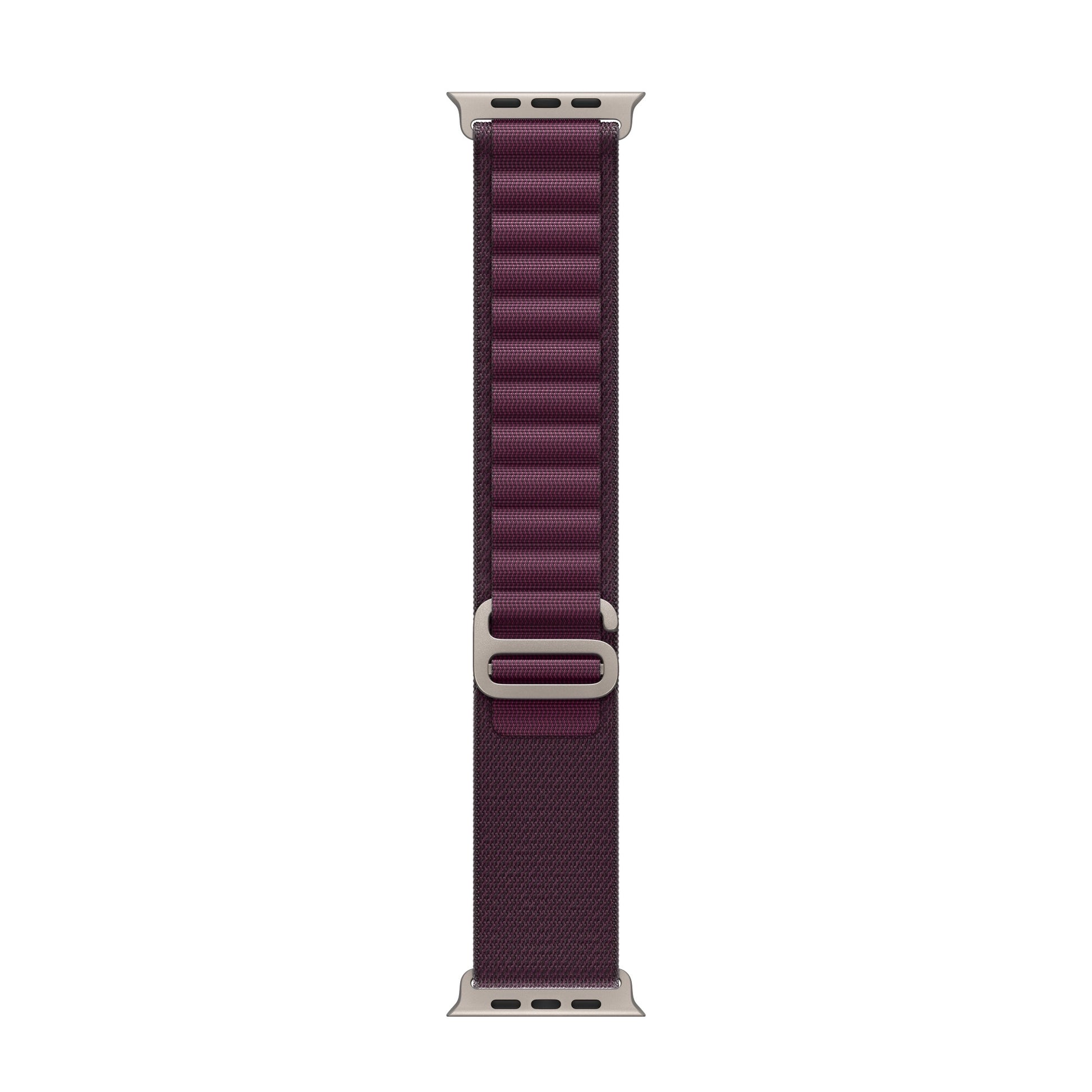 A plum colour premium nylon watch strap band designed for adventurers and explorers that wear the Apple watch series 10 and Ultra 2