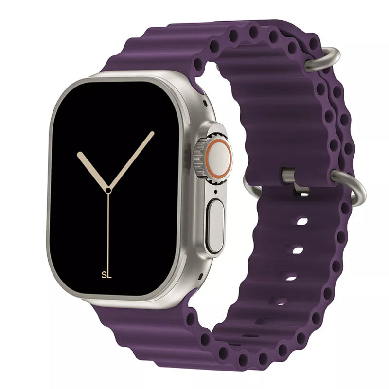 A Purple colour watch strap band made from silicone  with two metal buckles on an Apple watch series 10 42mm/ 45mm/ 46mm and ultra 2 designed for the ocean and active sports