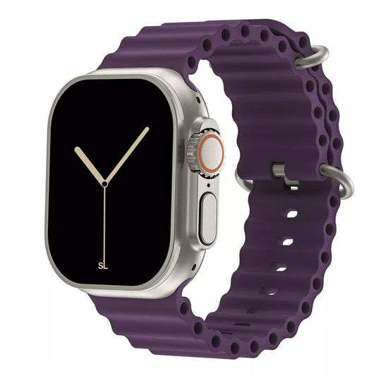 A Purple colour watch strap band made from silicone  with two metal buckles on an Apple watch series 10 42mm/ 45mm/ 46mm and ultra 2 designed for the ocean and active sports