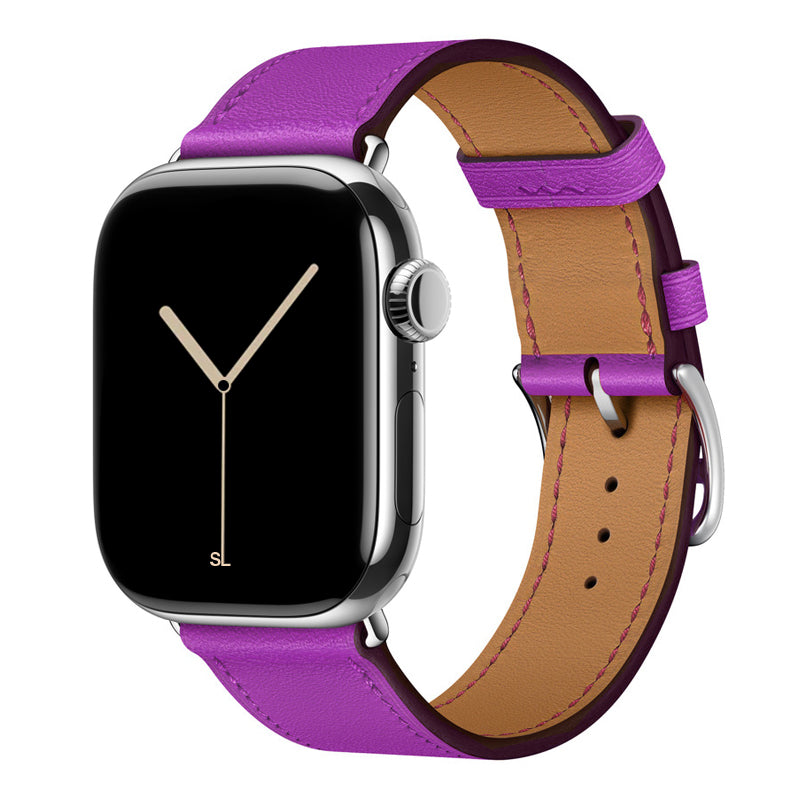 A handmade purple stitching genuine leather single tour watch strap on an apple watch series 11 42mm and 45mm and 46mm.
