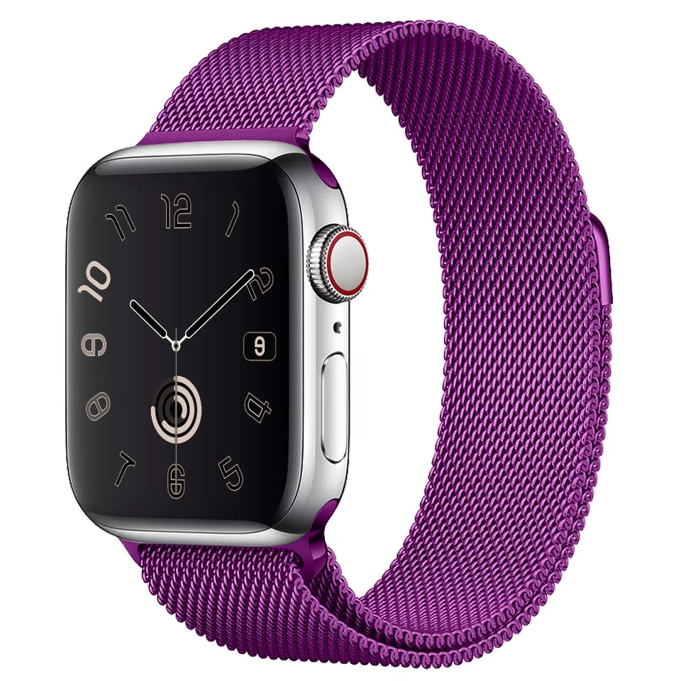 A purple colour stainless steel milanese loop watch strap for the latest apple watch and ultra