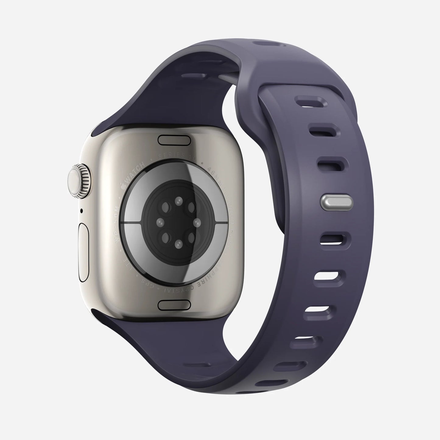 A purple colour premium silicone watch strap developed for apple watch series 11 size 42mm 46mm and apple watch ultra 3, designed for active sports activities with interior groves for breathability