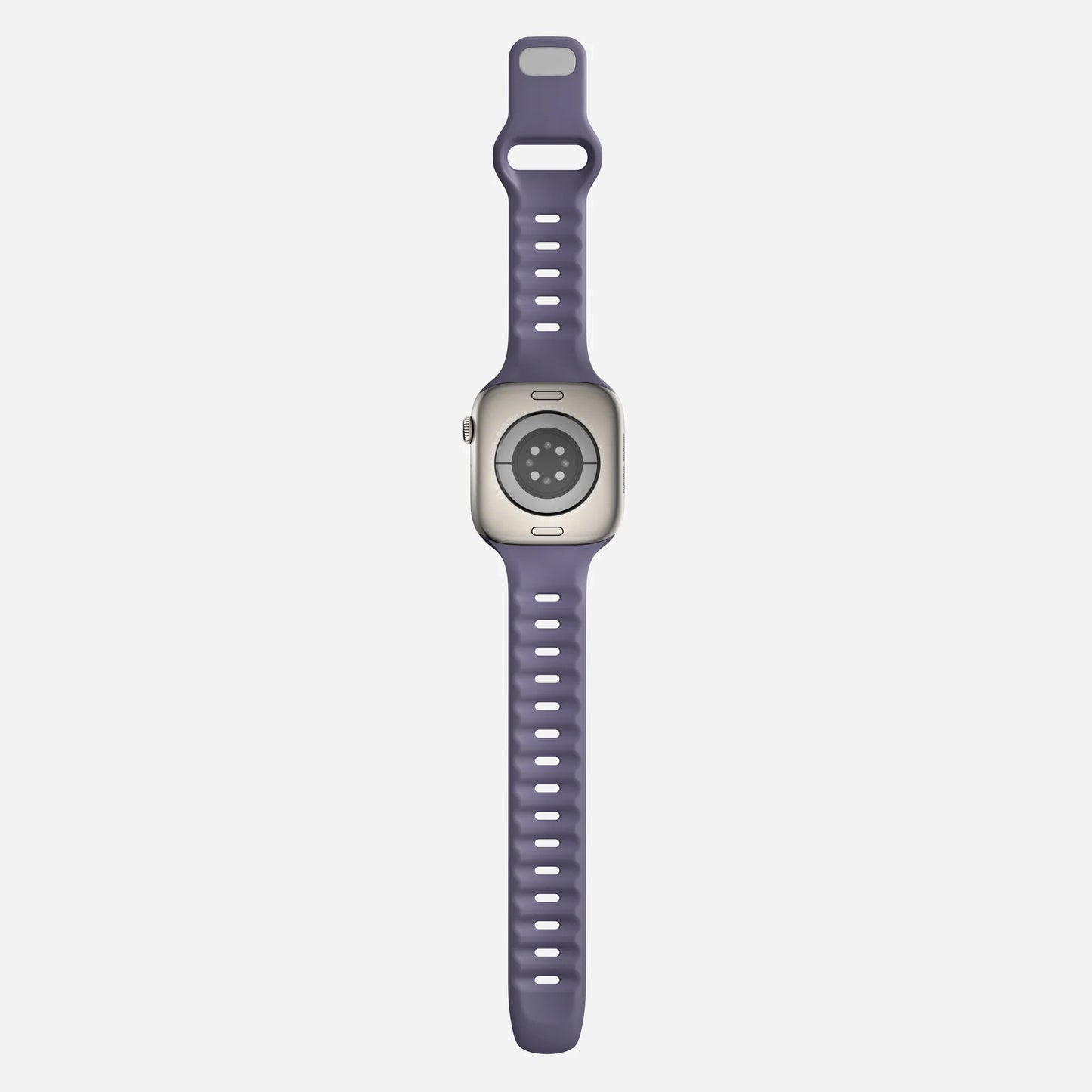 A purple colour premium silicone watch strap developed for apple watch series 11 size 42mm 46mm and apple watch ultra 3, designed for active sports activities with interior groves for breathability