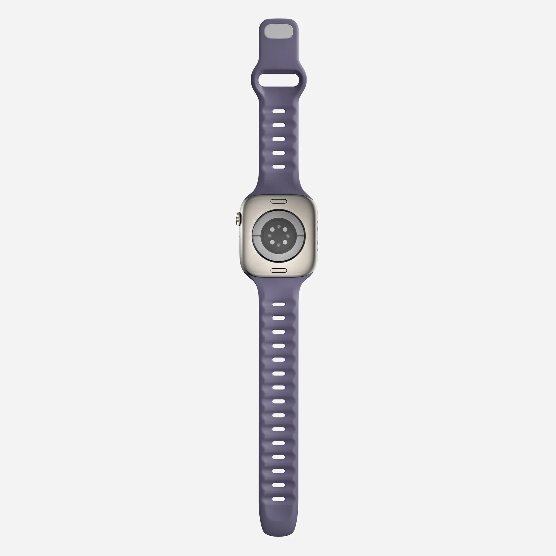 A purple colour premium silicone watch strap developed for apple watch series 11 size 42mm 46mm and apple watch ultra 3, designed for active sports activities with interior groves for breathability