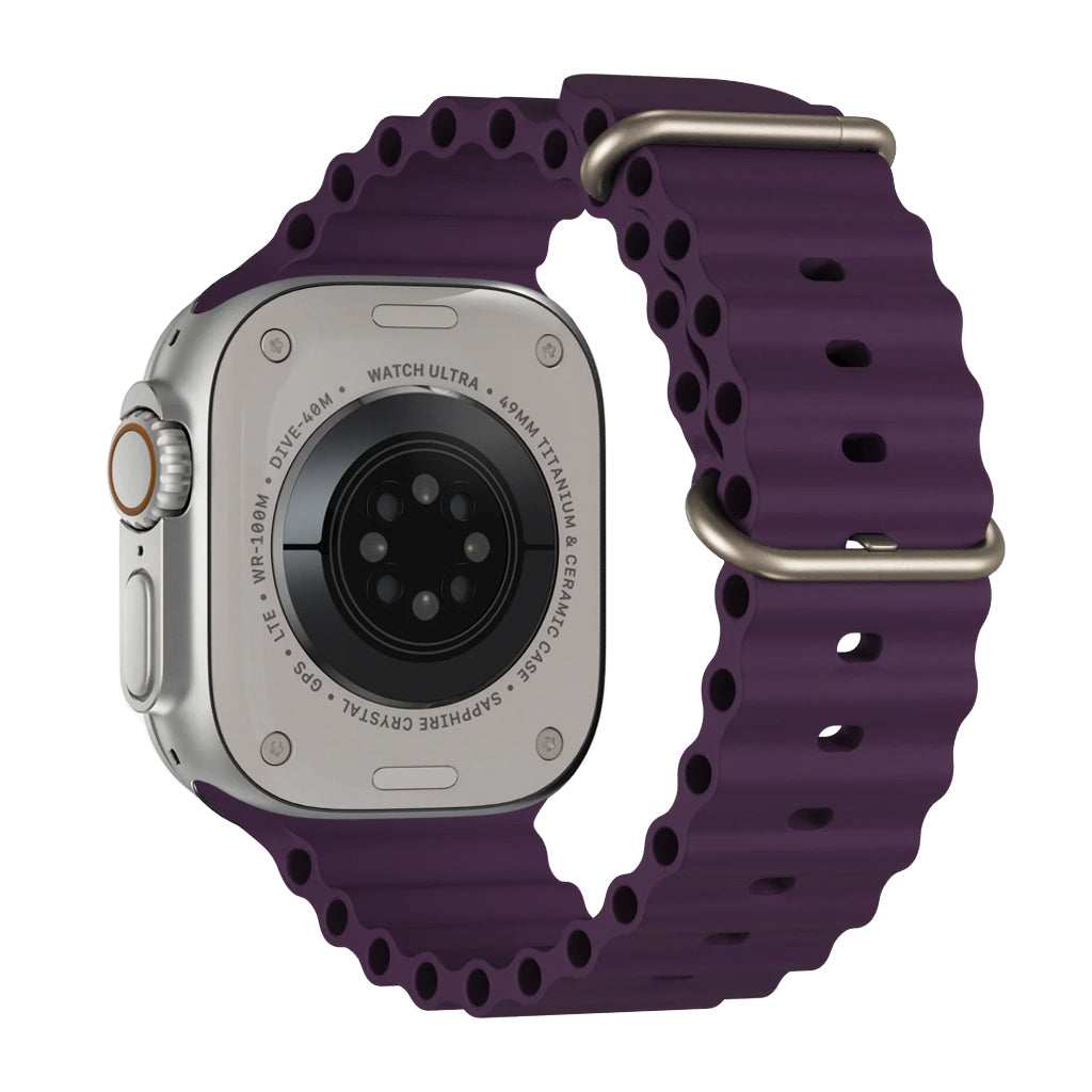 A Purple colour watch strap band made from silicone  with two metal buckles on an Apple watch series 10 42mm/ 45mm/ 46mm and ultra 2 designed for the ocean and active sports