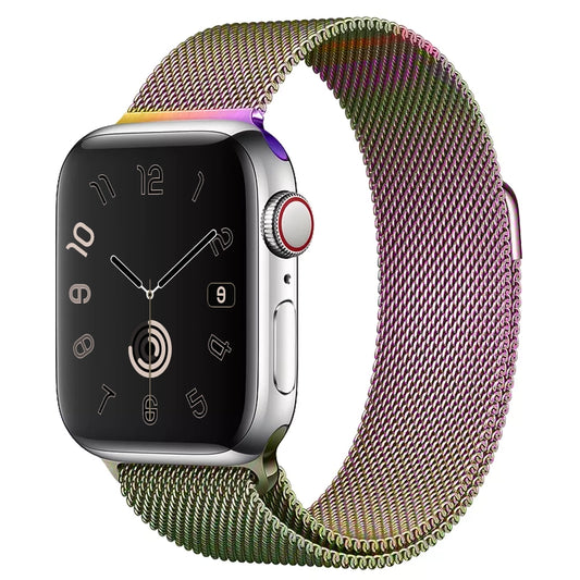 A rainbow colour stainless steel milanese watch strap that changes the colour when viewed from different angles designed for the latest apple watch and utltra
