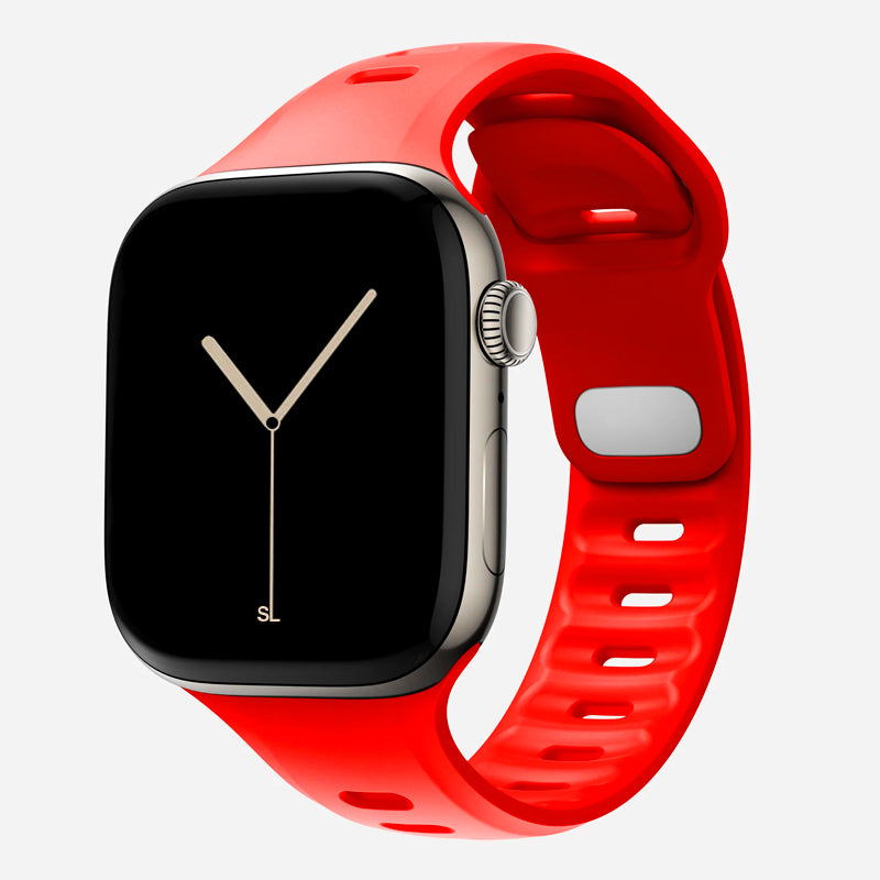 A red colour premium silicone watch strap developed for apple watch series 11 size 42mm 46mm and apple watch ultra 3, designed for active sports activities