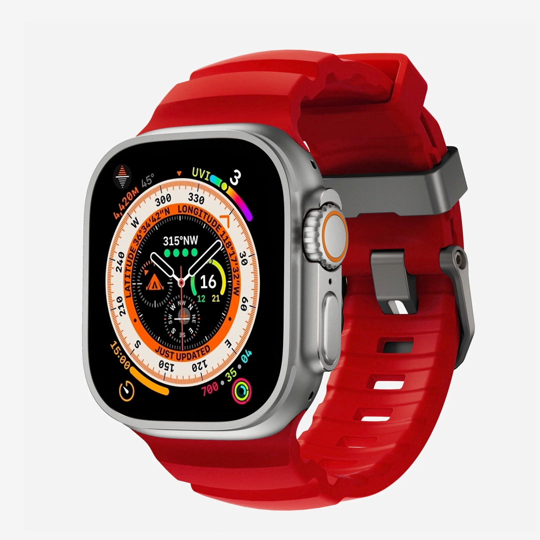 Red colour premium silicone extra thick watch strap band designed for adventurers and mountain hiking for Apple watch series 10 size 46mm and Ultra 2