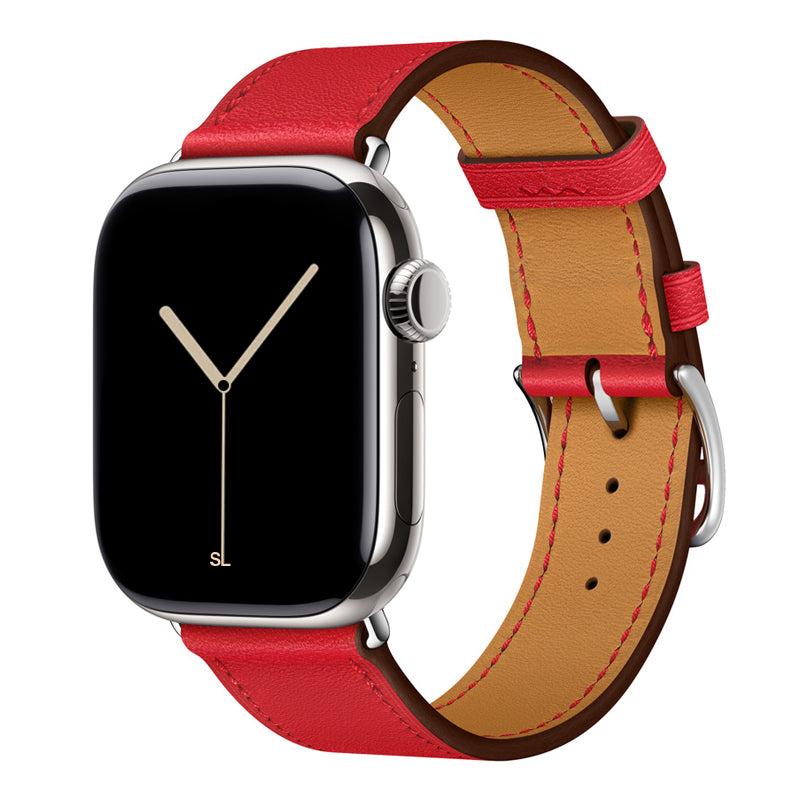 Red colour leather strap band for apple watch series 11 42mm and 46mm with a stainless steel pin and buckle
