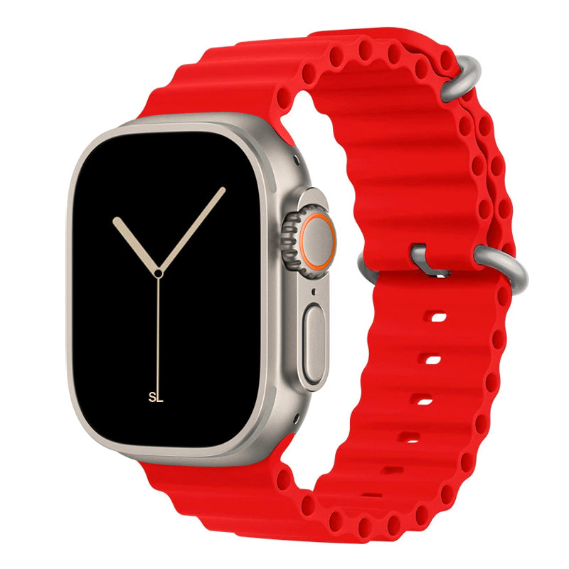 A red colour watch strap band made from silicone  with two metal buckles on an Apple watch series 10 42mm/ 45mm/ 46mm and ultra 2 designed for the ocean and active sports