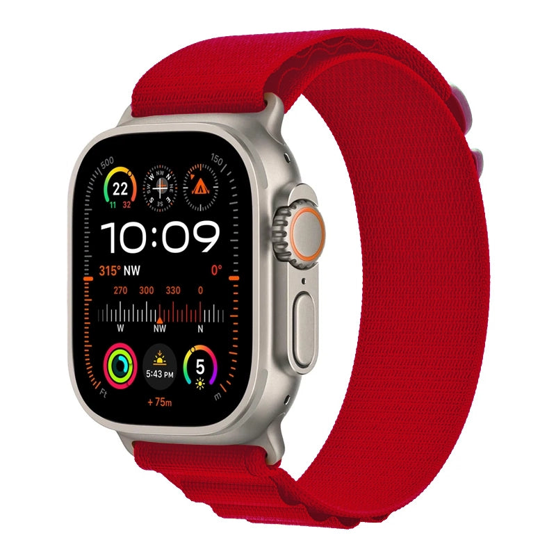 A red colour premium nylon watch strap band designed for adventurers and explorers that wear the Apple watch series 10 and Ultra 2