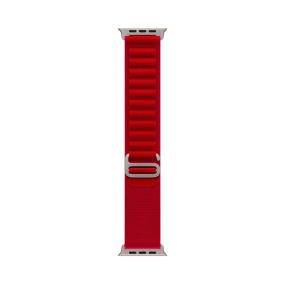 A red colour premium nylon watch strap band designed for adventurers and explorers that wear the Apple watch series 10 and Ultra 2