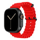 A red colour watch strap band made from silicone  with two metal buckles on an Apple watch series 11 42mm/ 45mm/ 46mm and ultra 3 designed for the ocean and active sports