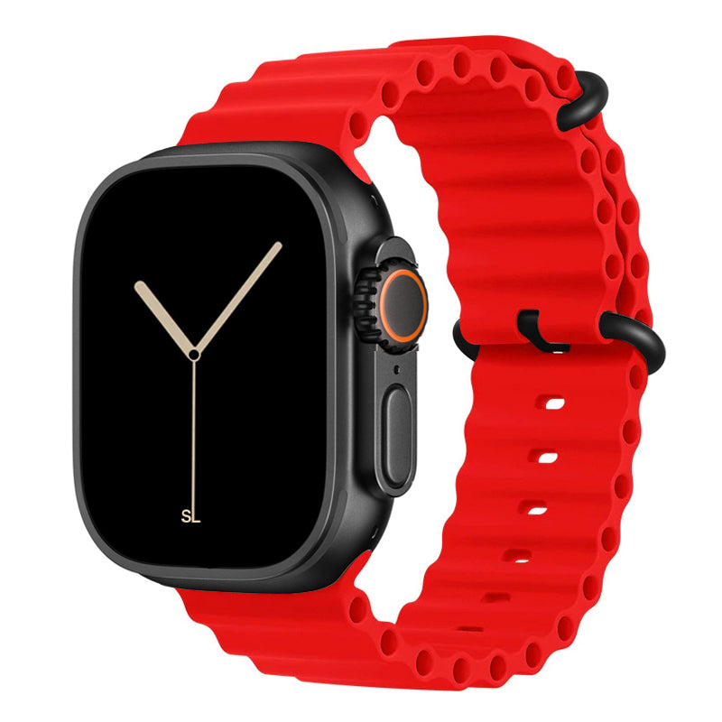 A red colour watch strap band made from silicone  with two metal buckles on an Apple watch series 11 42mm/ 45mm/ 46mm and ultra 3 designed for the ocean and active sports