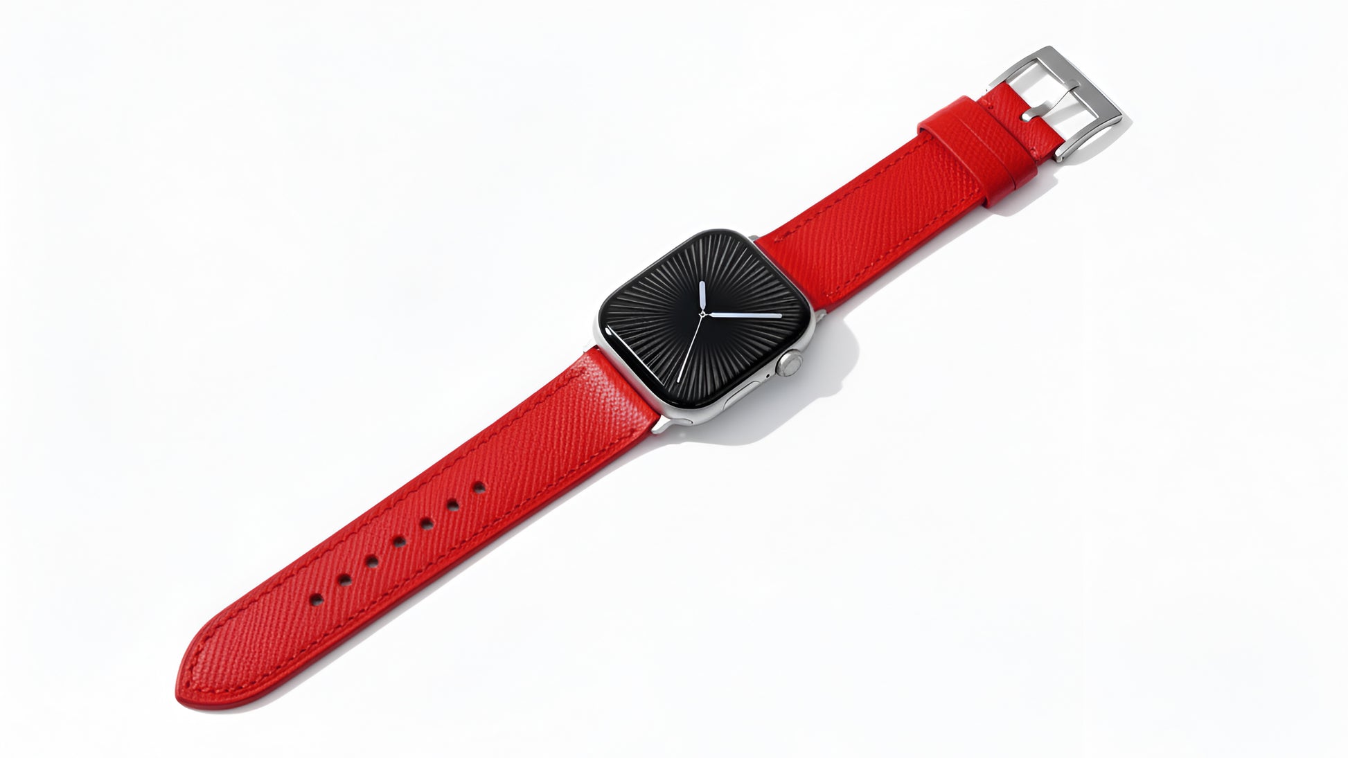 A set of red coloured Saffiano leather pattern handcrafted for apple watch series 11 45mm and 46mm  made for people to wear to work or to fancy event