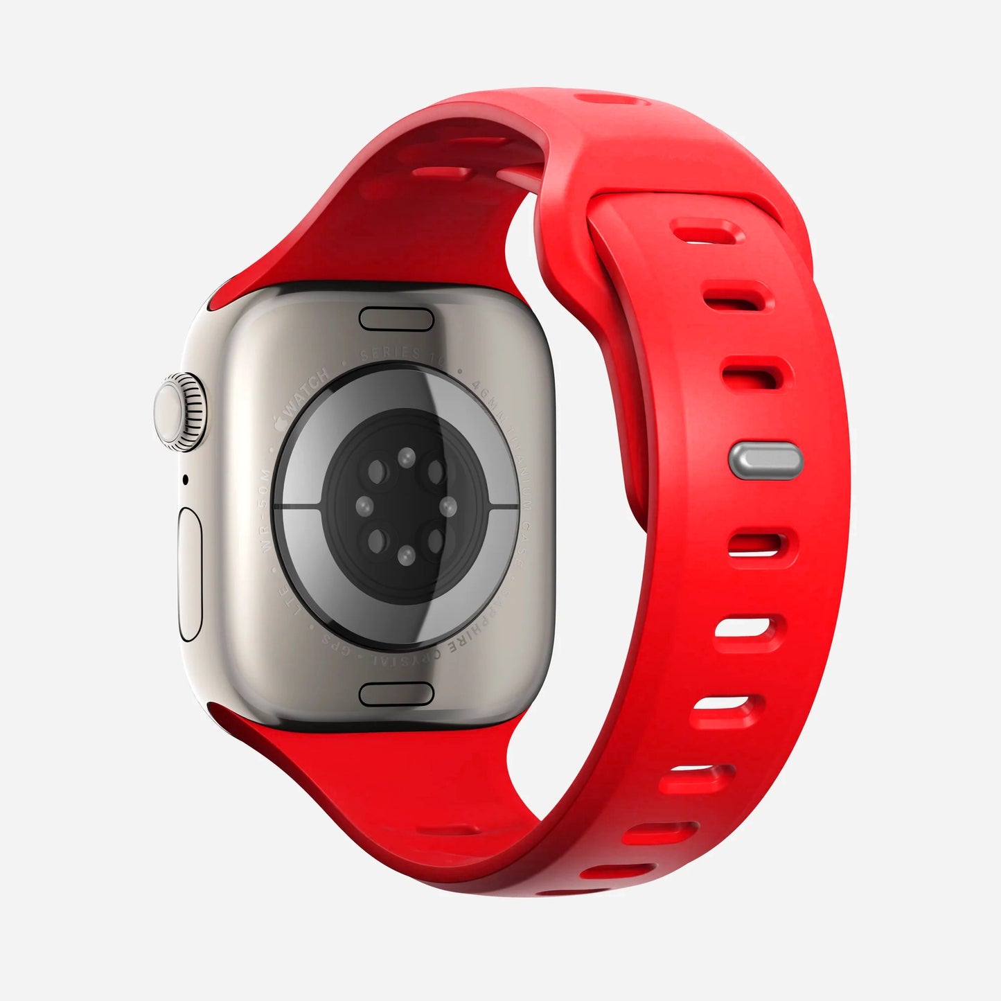 A red colour premium silicone watch strap developed for apple watch series 11 size 42mm 46mm and apple watch ultra 3, designed for active sports activities