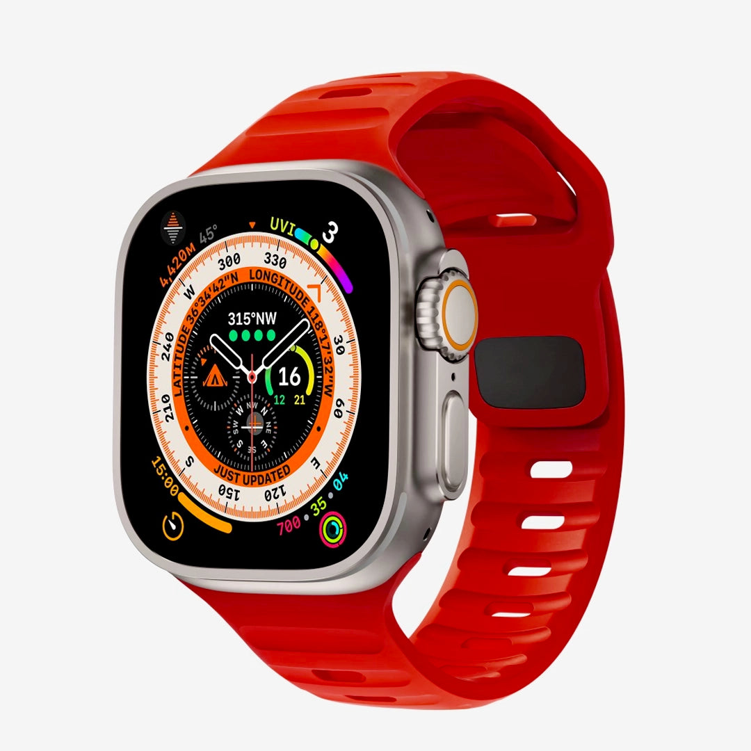 A red colour silicon watch strap for apple watch ultra 2 designed for sports and active activities