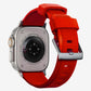 New red silicon with metal connectors, pin and buckle watch strap with compression grooves designed for apple watch series 9 45mm and ultra 2 side angle