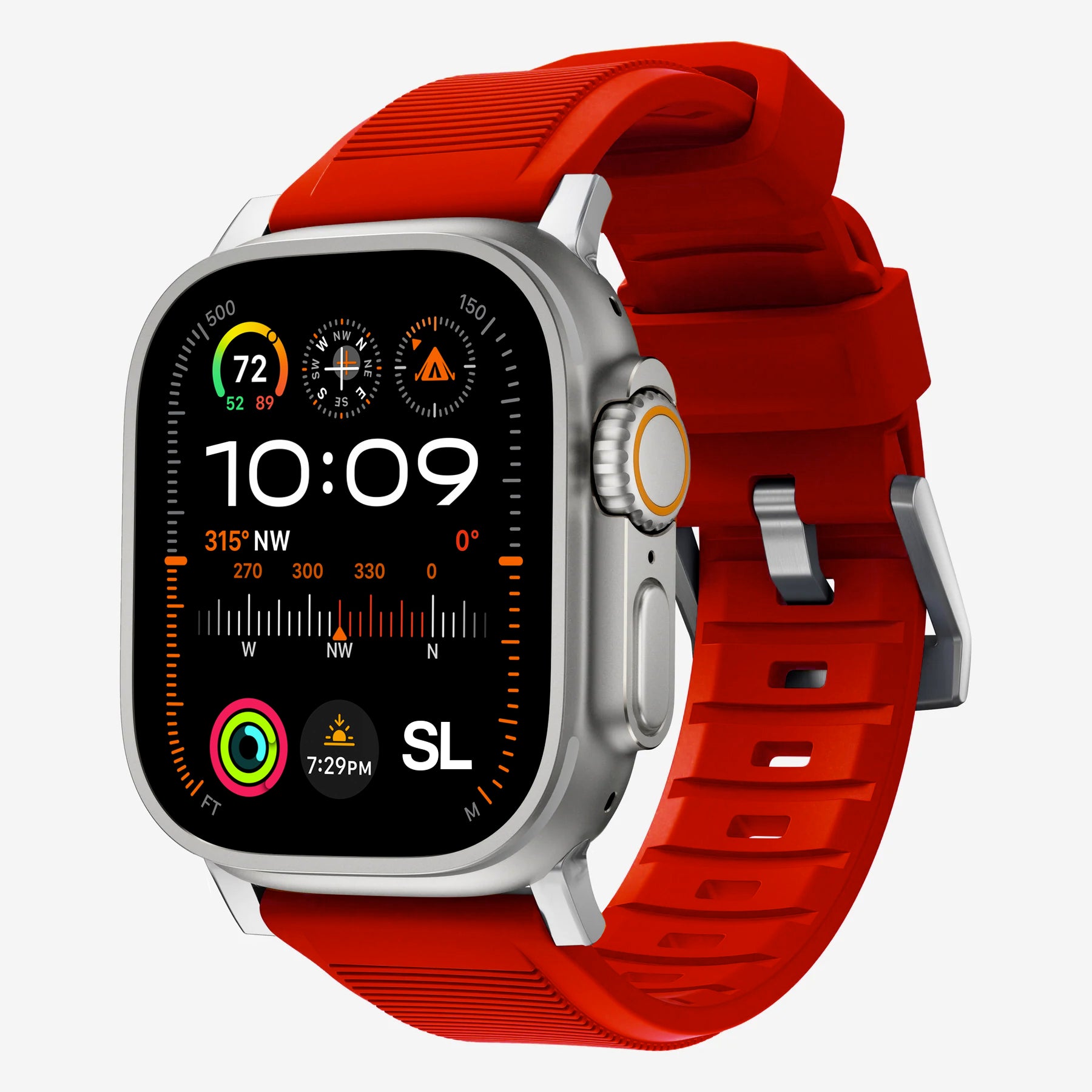 New red silicon with metal connectors, pin and buckle watch strap with compression grooves designed for apple watch series 9 45mm and ultra 2 side angle