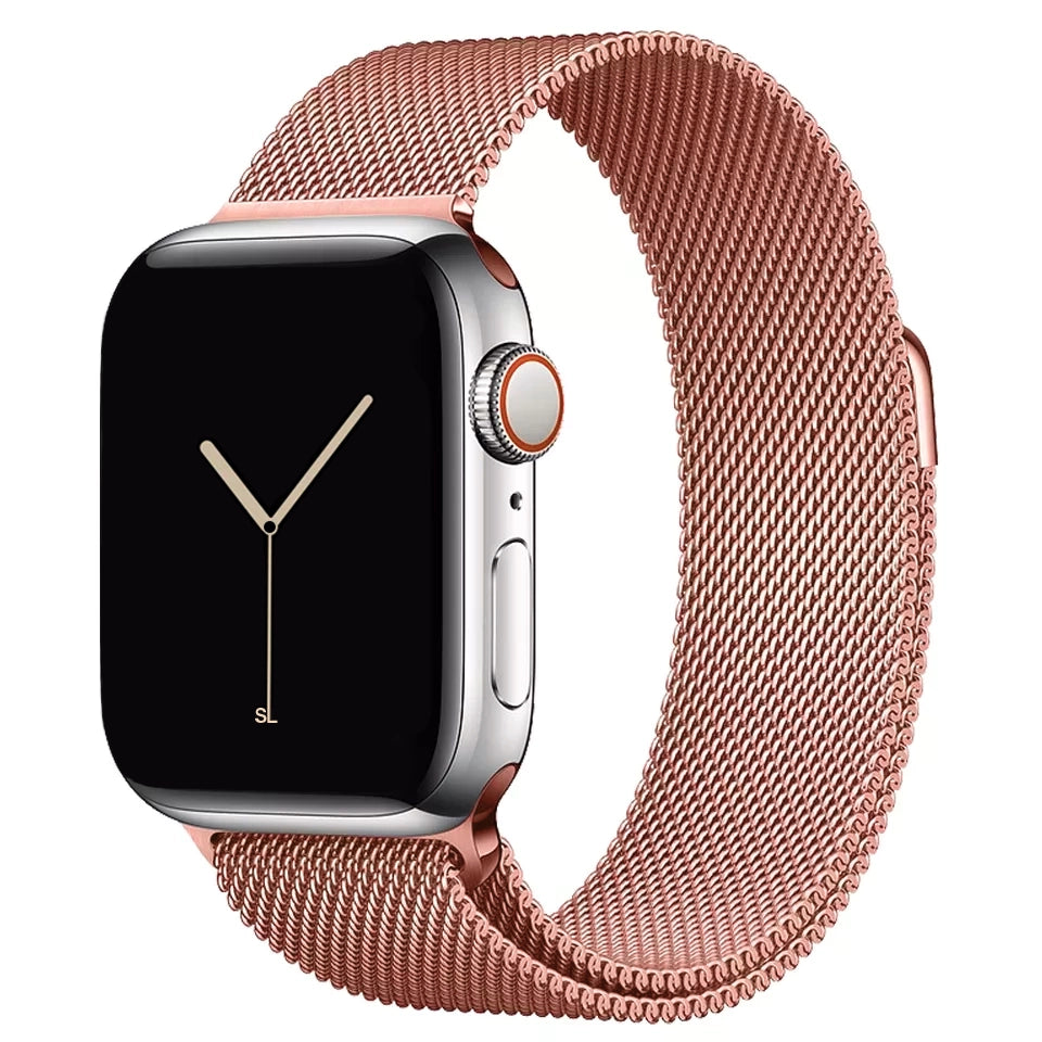 A rose copper orange red colour stainless steel milanese loop watch strap for the latest apple watch series 10 42mm 45mm 46mm and ultra