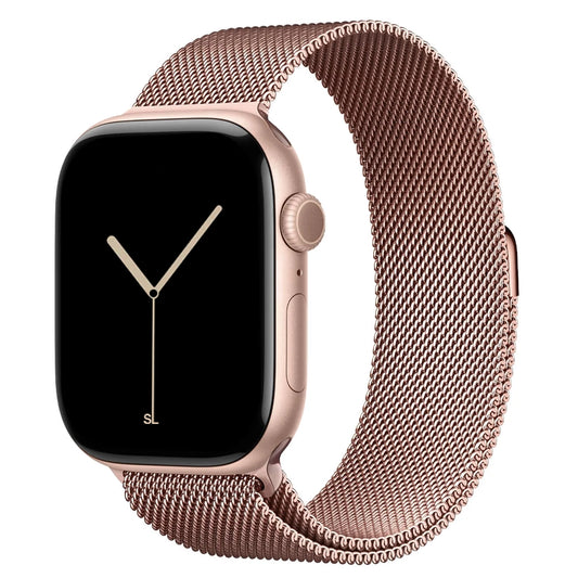 A rose gold colour stainless steel milanese loop watch strap for the latest apple watch series 11 42mm and 46mm and ultra 3