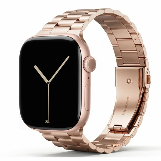 polished rose gold colour stainless steel metal tri link bracelet apple watch strap made for apple watch series 11 45mm 46mm 49mm Ultra 3